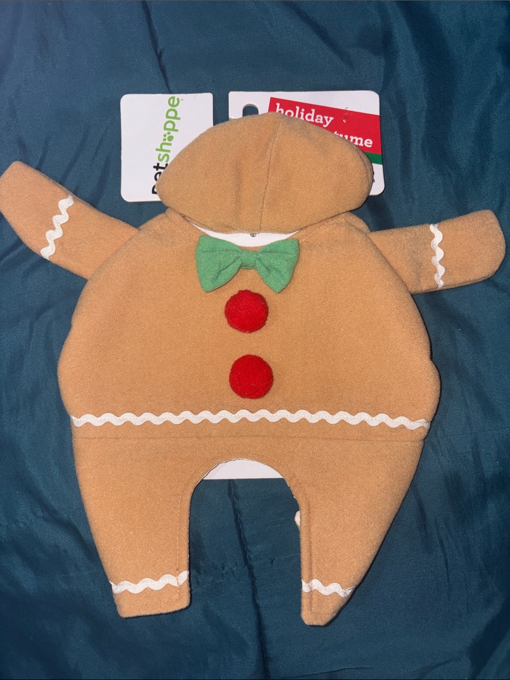 Gingerbread Holiday Dog Costume - Tan with Red & Green Accents